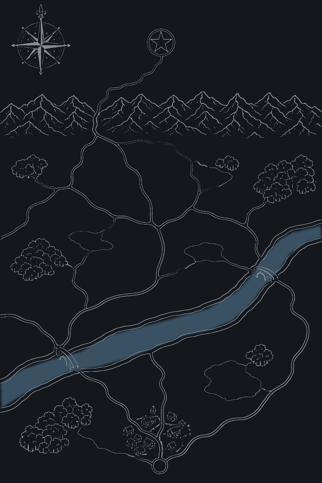 A map: a village at the bottom, a city at the top, a blue river across the middle with a bridge to the left and one to the right, a mountain range above with a single pass to the left. The foresight route crosses at the left bridge and climbs through the pass to the city. The naive route runs north to the right bridge, crosses to the wrong side, and is ambushed at a bandit camp below the mountains.