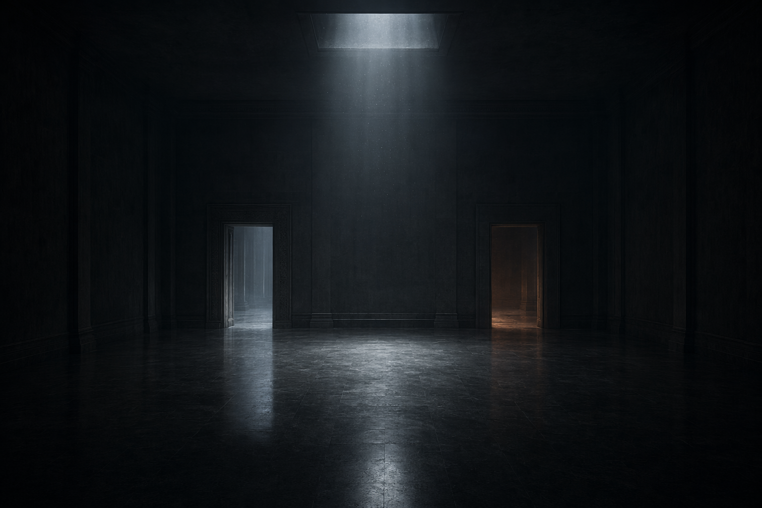 A dark wide-open hall with two open doorways side by side on the far wall, a cold-lit one on the left and a warm ember one on the right, a cold skylight shaft falling onto a polished floor.